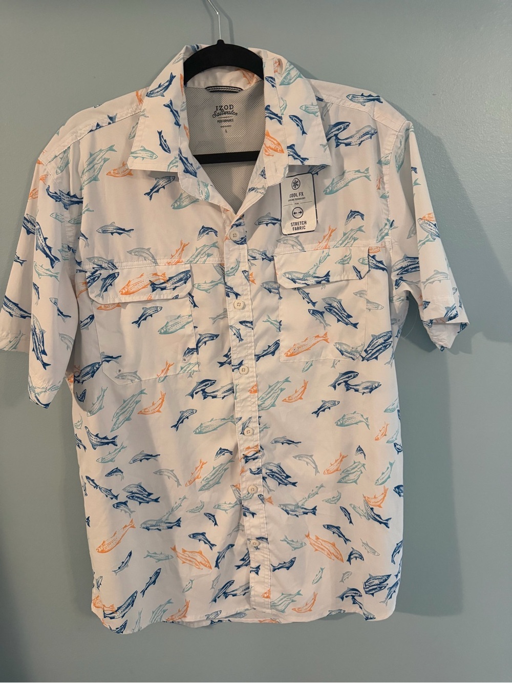 Izod White Short-Sleeve Button-Up Shirt with Blue and Orange Shark Print